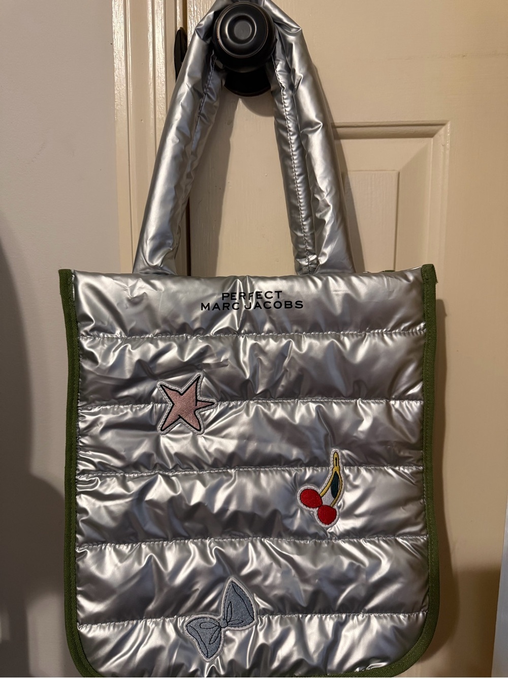 Marc Jacobs Silver Quilted Tote with Green Trim and Patch Accents